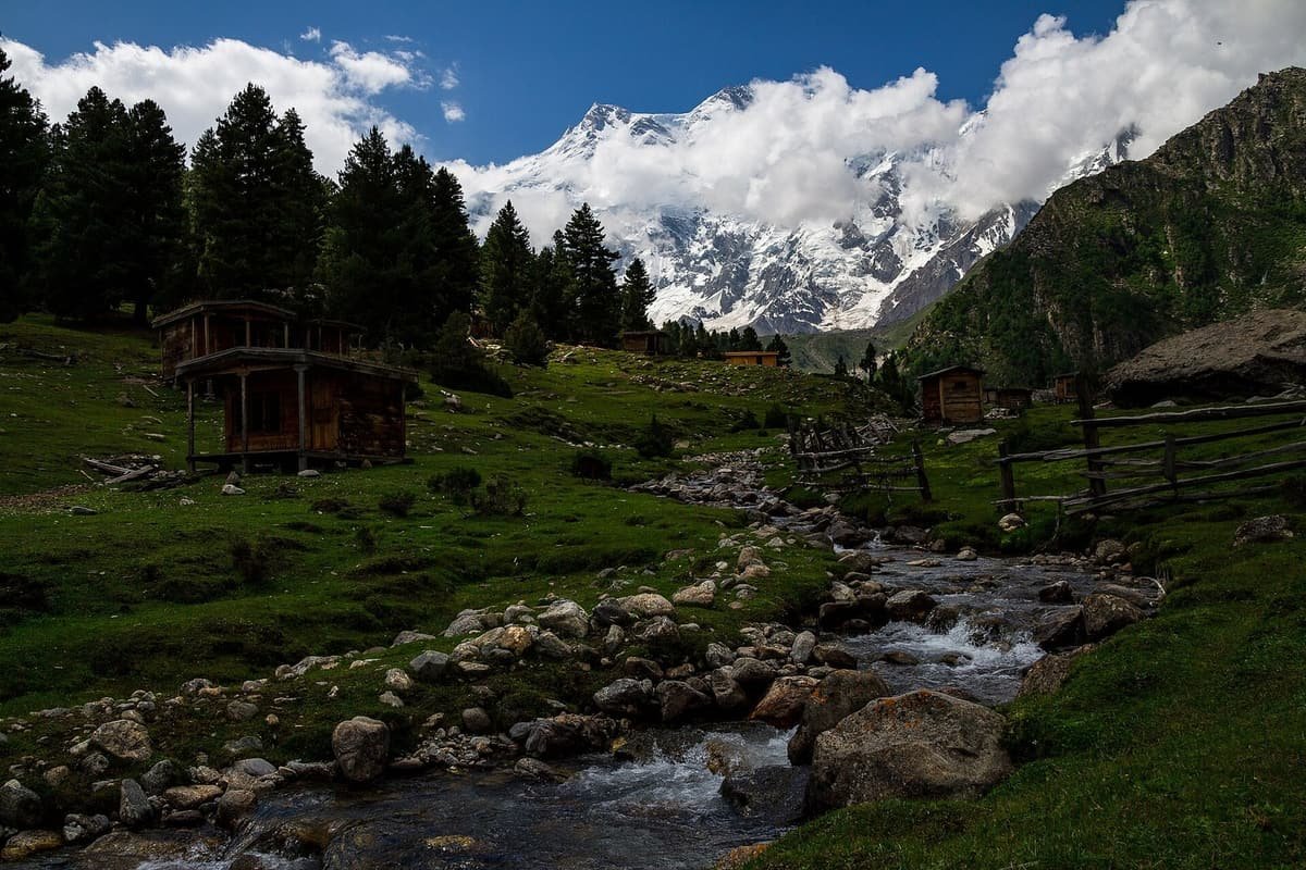 Wooden huts dot the green meadow and pine forest of Fairy Meadows, with a stream in front and cloud-wrapped Nanga Parbat behind.