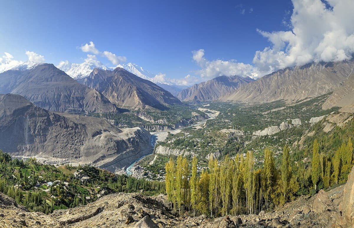 The Hunza valley from Eagle’s Nest, the river winding between villages and poplars under snow peaks