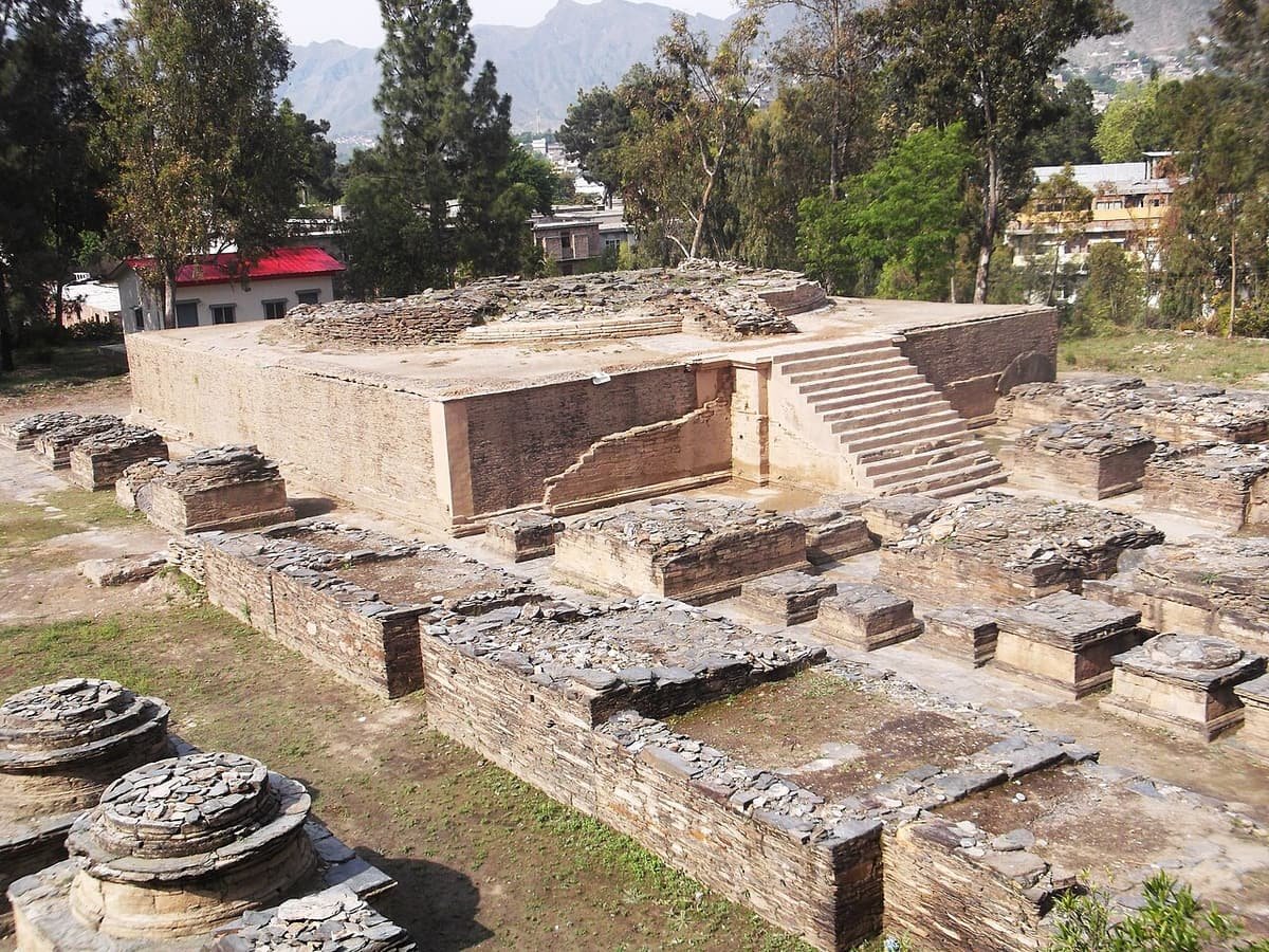The stone base of the great stupa at Butkara, with rows of small votive stupas around it under tall trees